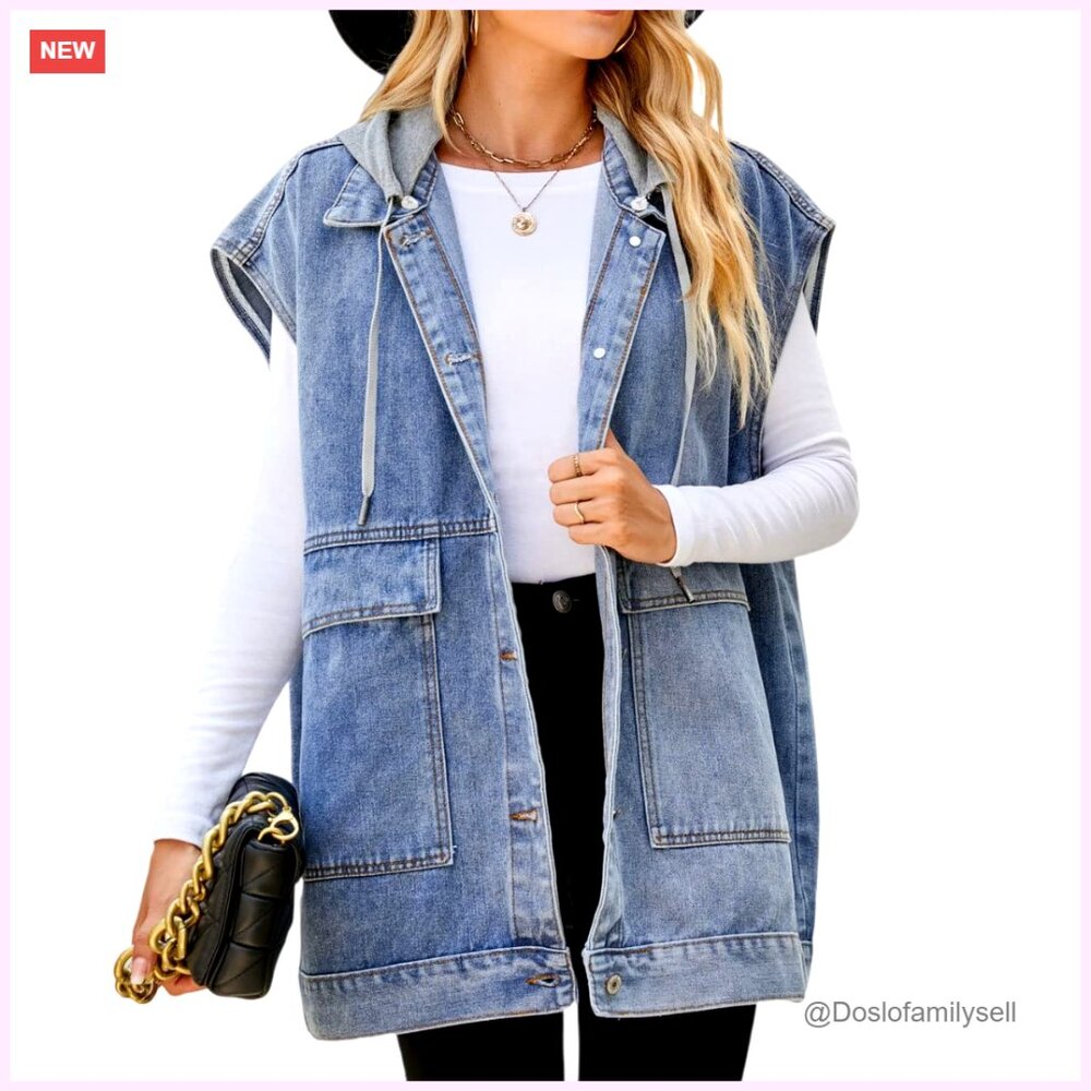 Oversized Denim Vest Sleeveless Jacket Distressed Cotton Mid Long